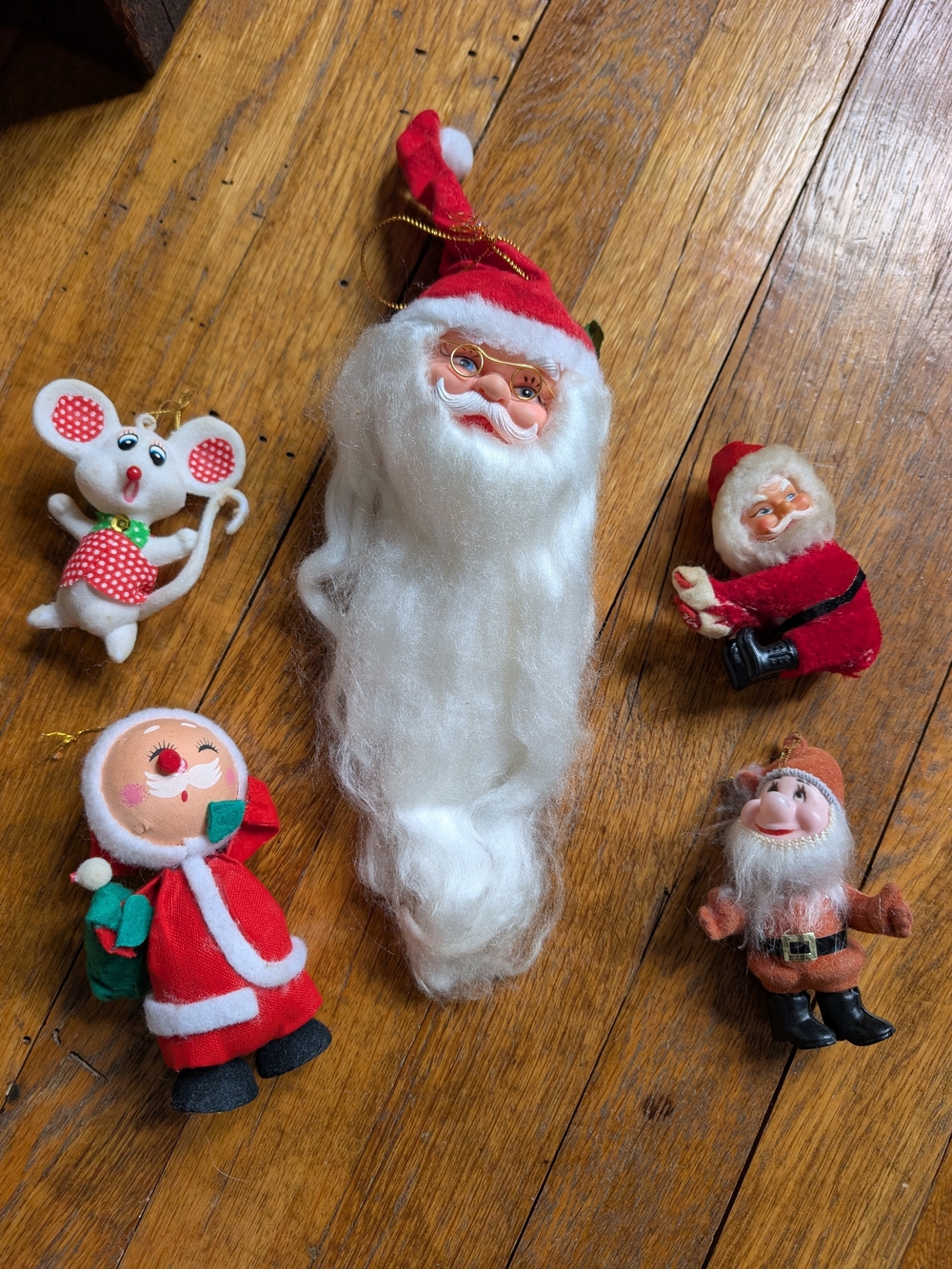 Vintage Christmas ornaments
Santas, mouse, and elf
